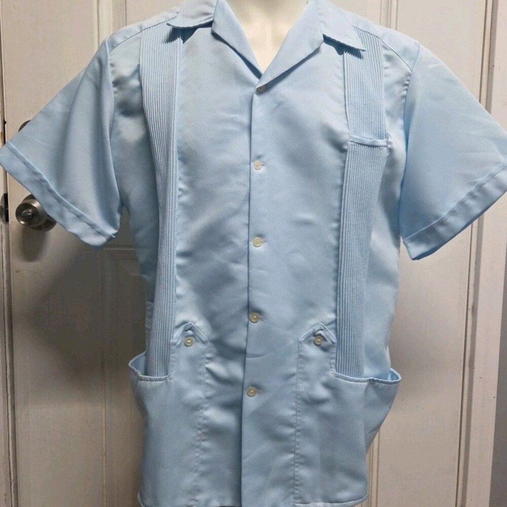 Guayabera Yucateca Shirt Mens 17-17 1/2 42 Blue Embroidered Mexico Pumaberas
